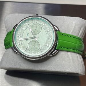Fossil Silver and Green Watch with Leather Strap
